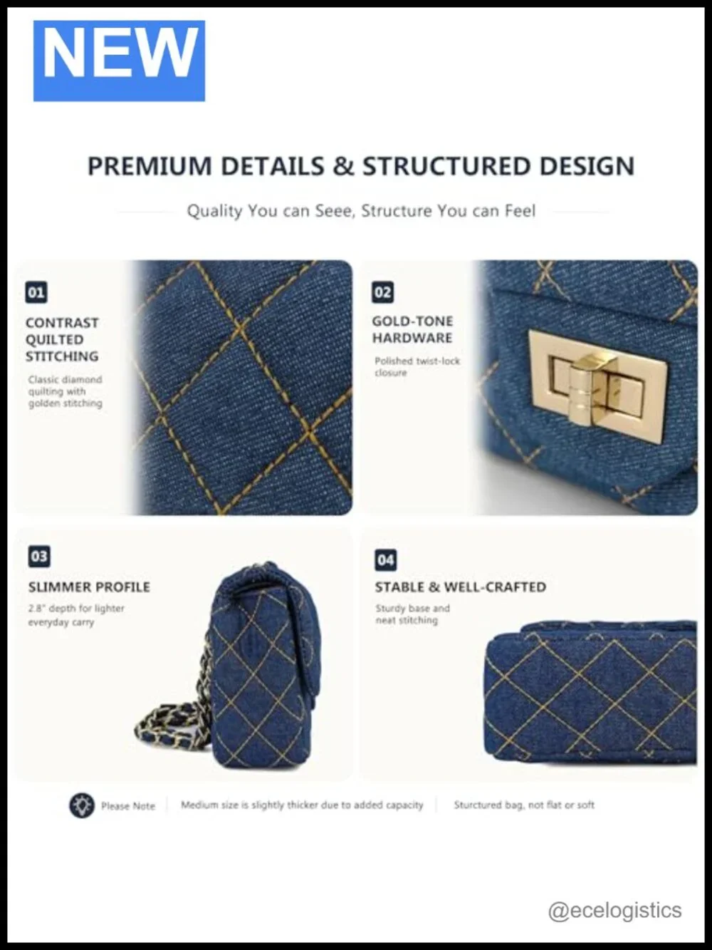 Vintage Quilted Denim Flap Shoulder Bag with Chain Strap